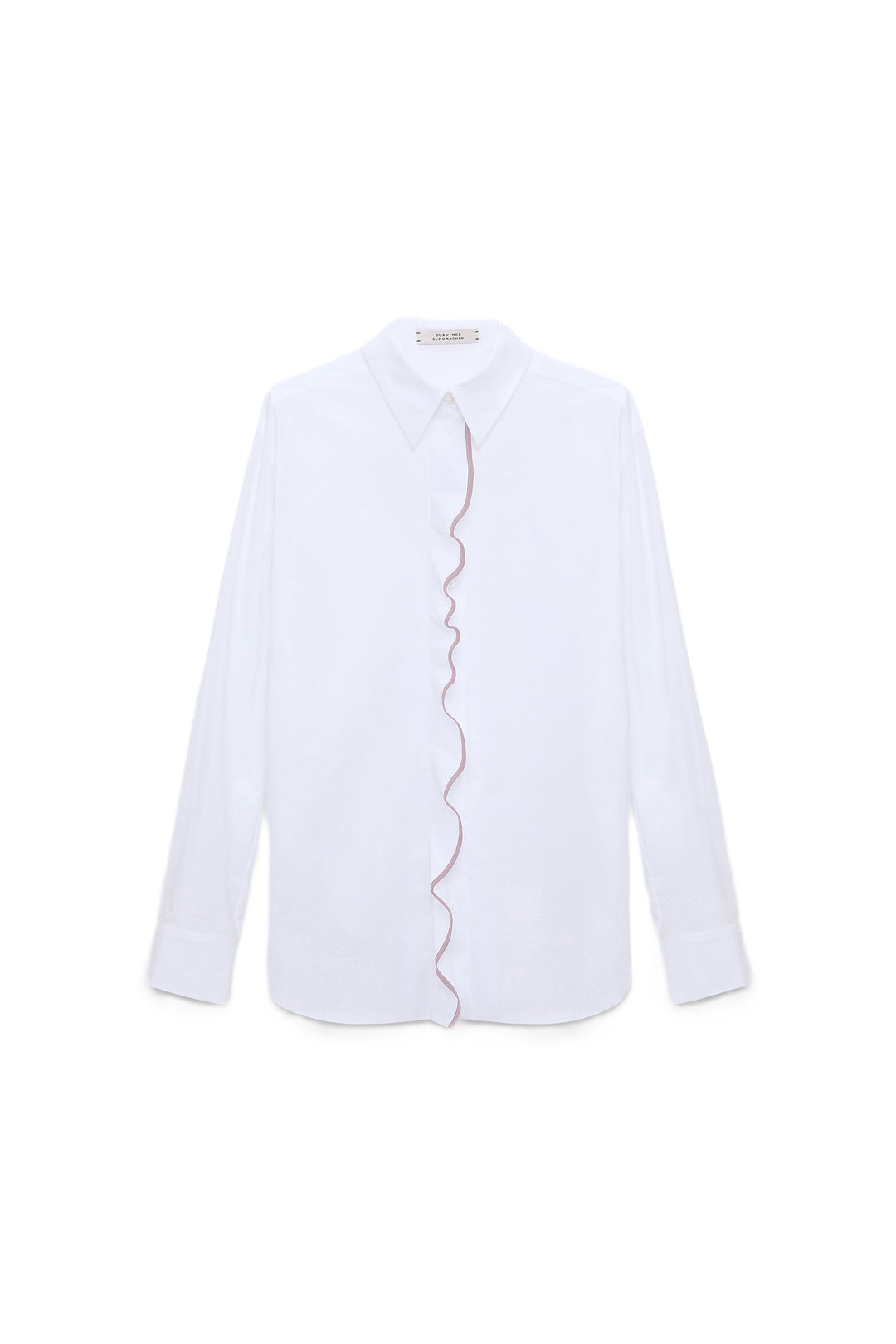Bluse von Dorothee Schumacher PURE POWER blouse in weiß mit rosa Ruesche und Kragen. 
