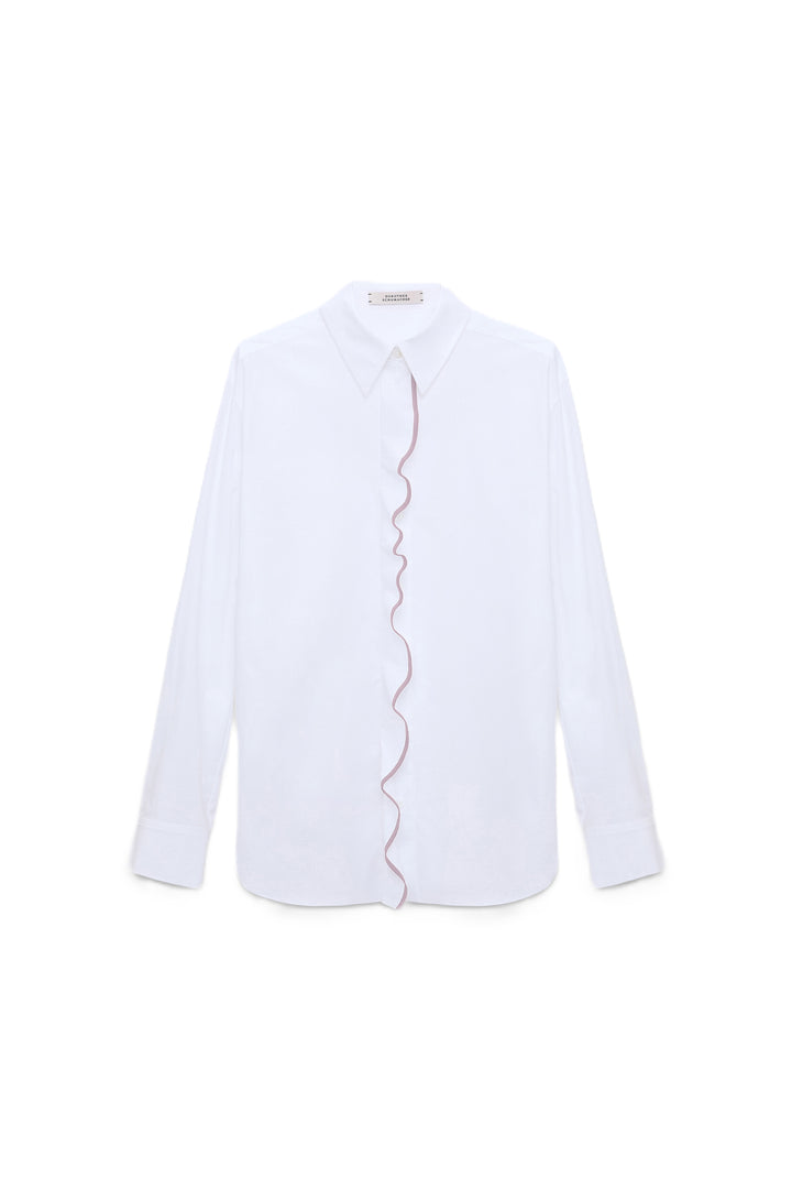 Bluse von Dorothee Schumacher PURE POWER blouse in weiß mit rosa Ruesche und Kragen. 