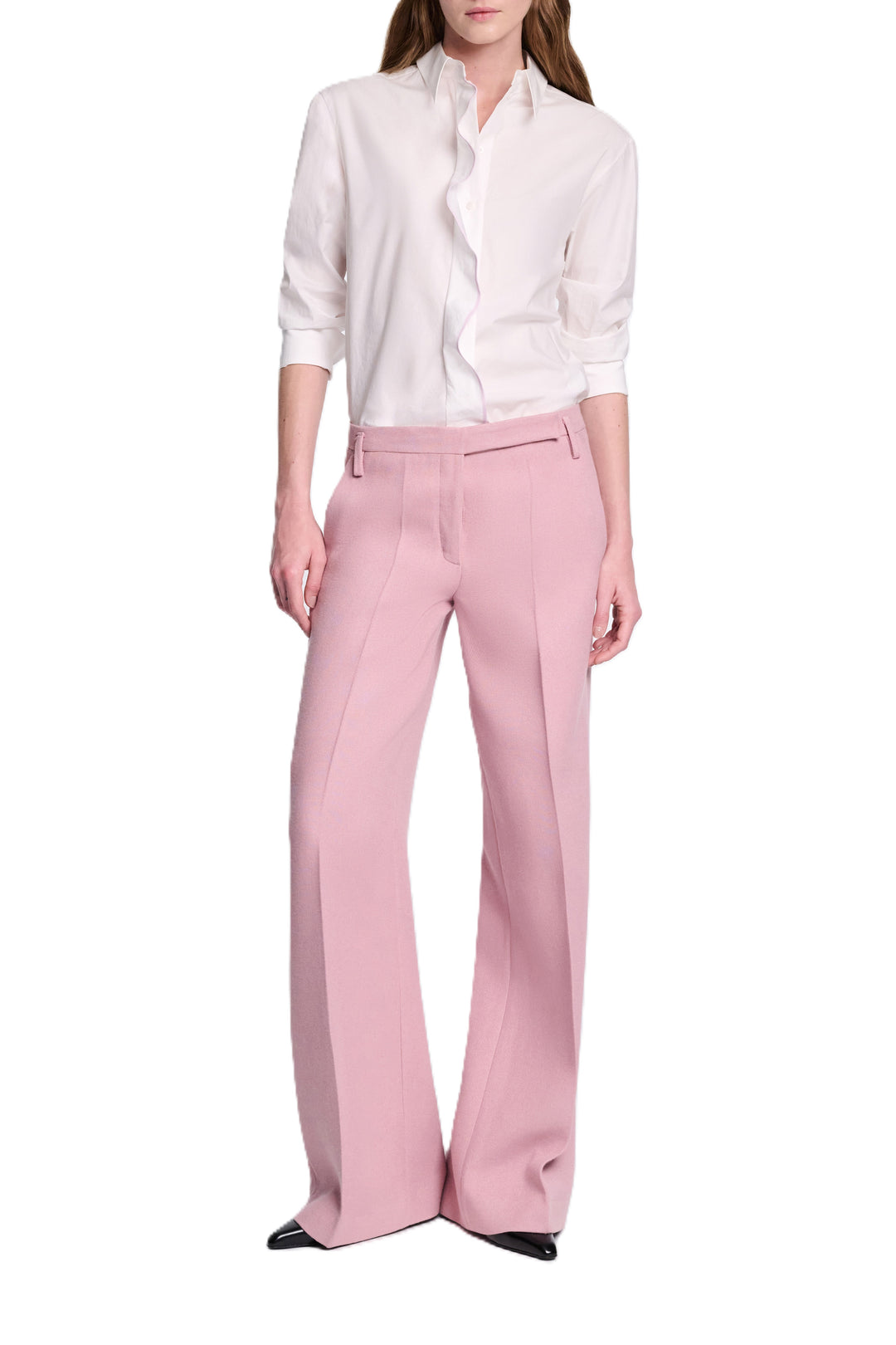 Bluse von Dorothee Schumacher PURE POWER blouse in weiß mit rosa Ruesche undd Kragen. 