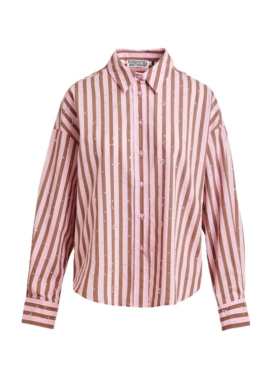 Bluse von Essentiel Antwerp JELIEF RHINESTONE SHIRT in Streifen mit Steinchen und Kragen. Die Bluse ist weit geschnitten. 