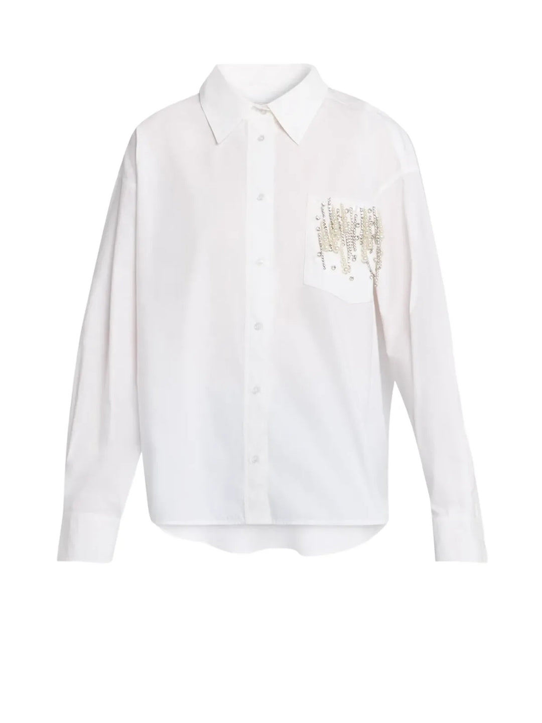 Bluse Essentiel Antwerp JOMMEKE EMBELLISCHED SHIRT in weiß. Cooles weißes Hemd mit Kragen und Knopfleiste. Das Highlight ist die aufwendig mit Perlen und Steinchen besetzte Brusttasche. Die Bluse ist gerade und lässig geschnitten