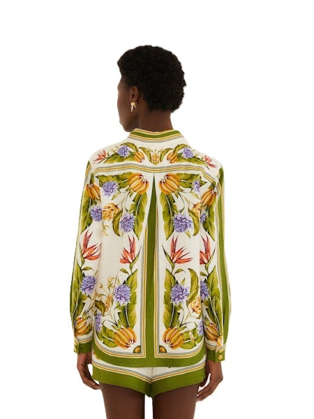 Bluse Farm Rio TROPICAL SCARF Hemdbluse mit Knopfleiste und Floralem Blumenprint für den Sommer mit langarm in bunt aus Leinen. 