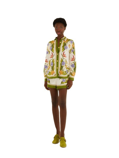 Bluse Farm Rio TROPICAL SCARF Hemdbluse mit Knopfleiste und Floralem Blumenprint für den Sommer mit langarm in bunt aus Leinen. 
