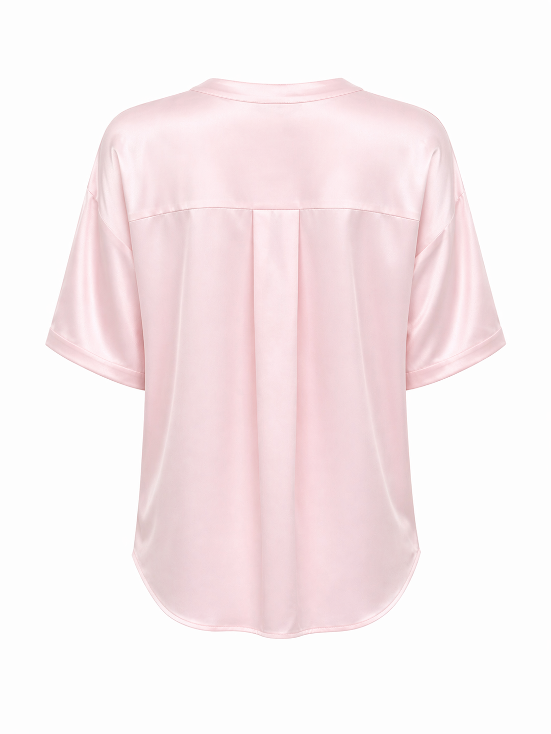 Rosa Seidenbluse in glänzender Qualität mit kurzen Ärmeln und Knopfleise.