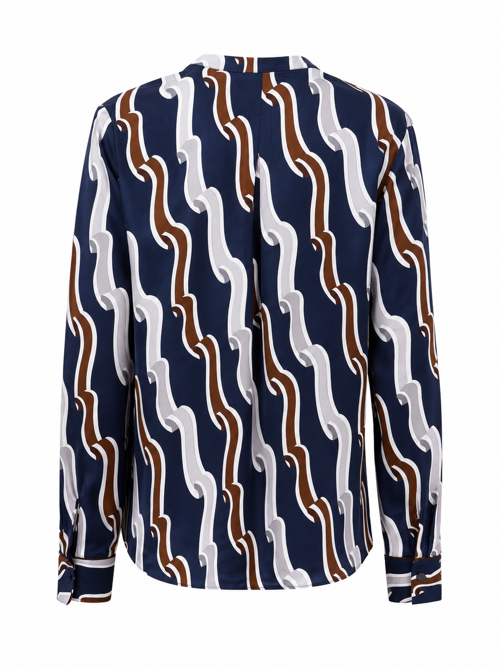 Gemusterte Seidenbluse von der Marke Herzens. Sie hat einen Tunika Ausschnitt und lange Ärmel.