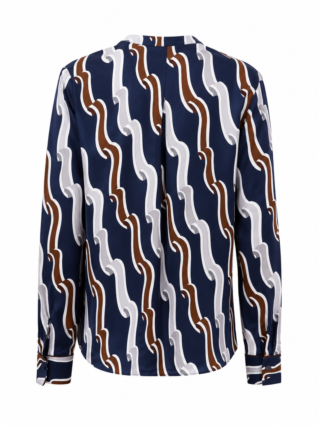 Gemusterte Seidenbluse von der Marke Herzens. Sie hat einen Tunika Ausschnitt und lange Ärmel.