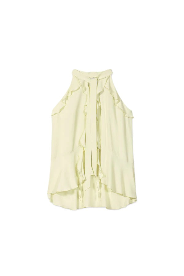Bluse Luisa Cerano in gelb. Super schöne feminine Bluse mit Volants. Die Bluse versprüht einen Boho-Look und ist leicht ausgestellt. Sie besteht aus einem fließenden Seidenmix und hat einen V-Ausschnitt und ein Schößchen. Auf der Rückseite werden die Neckholderbänder wie eine Schluppe gebunden.