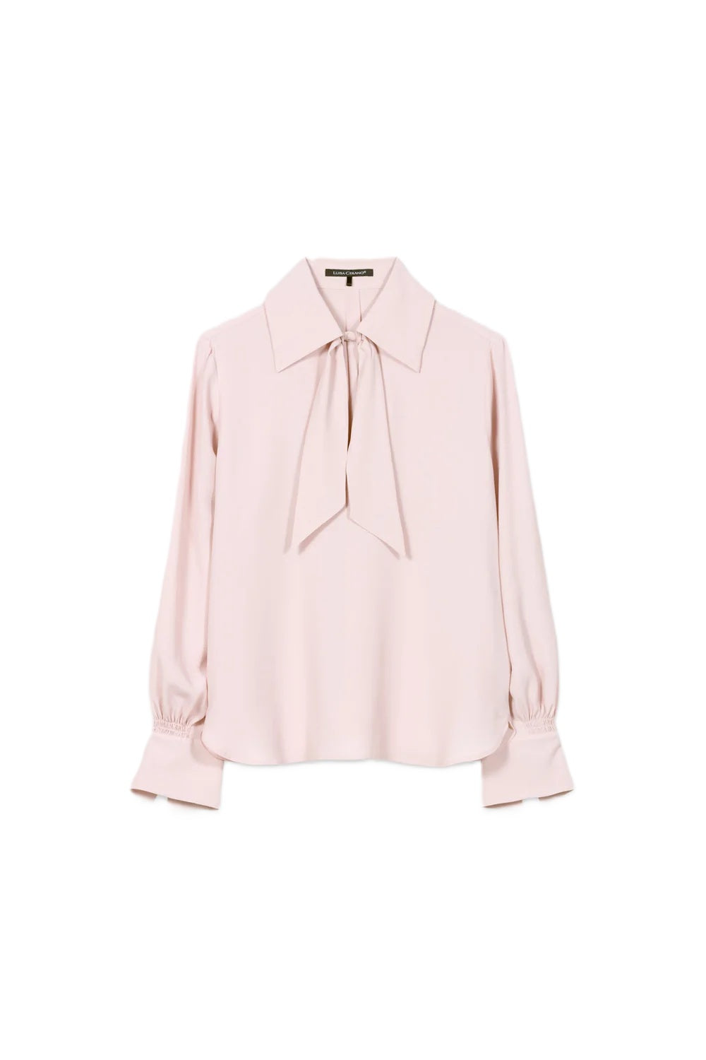Bluse von Luisa Cerano. Seidenbluse mit abnehmbarer Schluppe. Schleifenband und Gummizug an der Manschette in rosa. 



