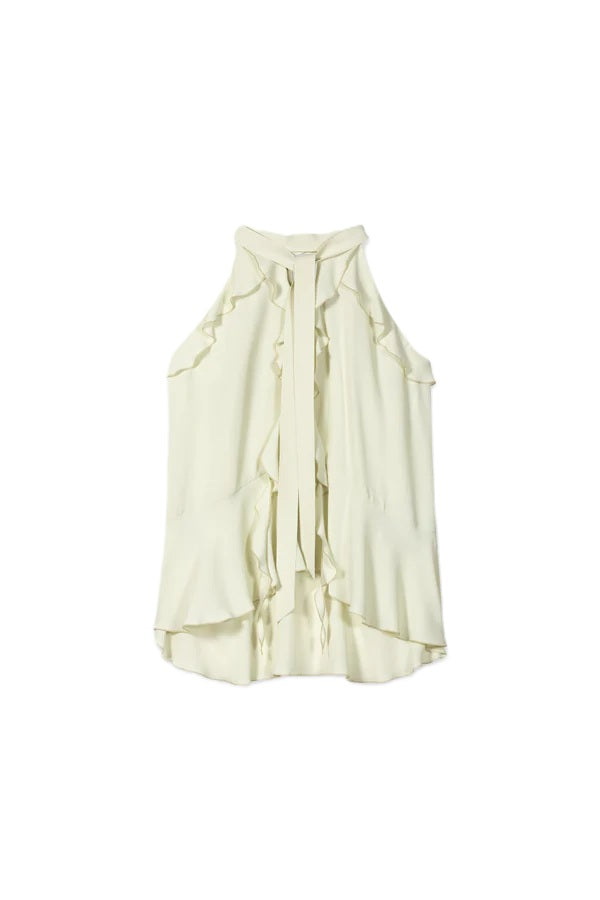 Bluse Luisa Cerano in grün. Super schöne feminine Bluse mit Volants. Die Bluse versprüht einen Boho-Look und ist leicht ausgestellt. Sie besteht aus einem fließenden Seidenmix und hat einen V-Ausschnitt und ein Schößchen. Auf der Rückseite werden die Neckholderbänder wie eine Schluppe gebunden.