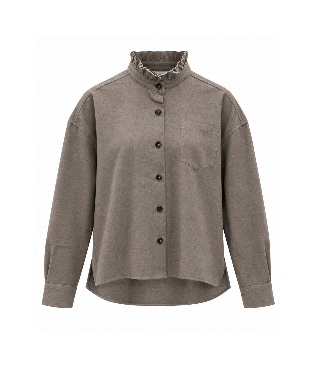 Taubenbraune Hemdbluse von Narli mit femininem Rüschenkragen, durchgehender Knopfleiste, umschlagbaren Manschetten, Rückenfalte und verlängertem Rückenteil.