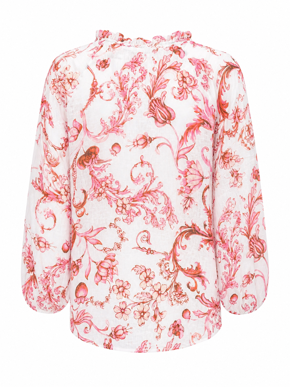 Bluse Pho Firenze in rot und weiß. Hübsche Bluse mit bezauberndem romantischen Print. Die Bluse hat einen Rüschenkragen und farblich passende Knöpfe. Der Saum des Kragen ist mit einem Lurexfaden durchzogen und verleiht dadurch der Bluse das gewisse Etwas. Die Ärmel haben einen Gummizug und können leicht hochgeschoppt werden. 