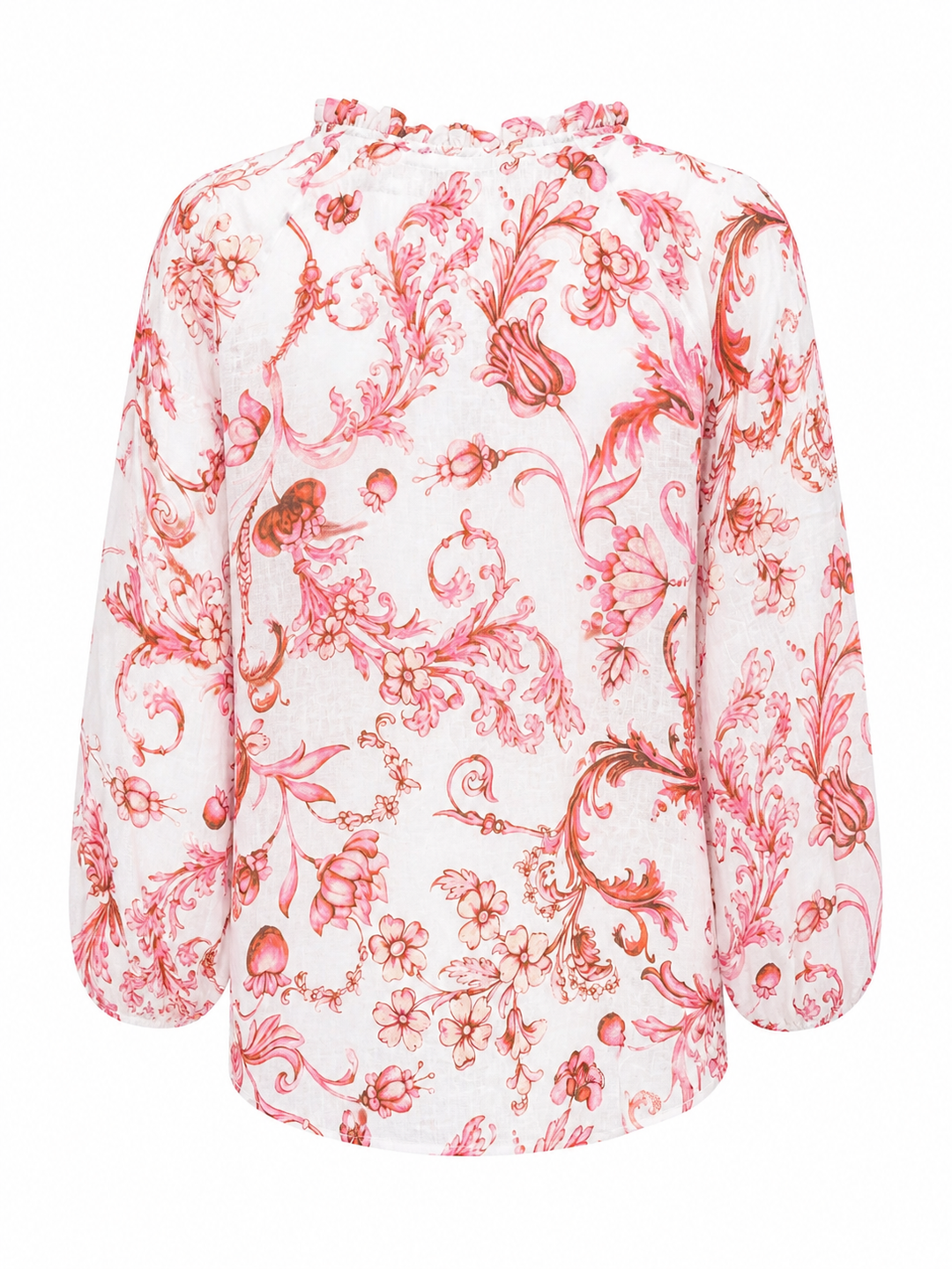Bluse Pho Firenze in rot und weiß. Hübsche Bluse mit bezauberndem romantischen Print. Die Bluse hat einen Rüschenkragen und farblich passende Knöpfe. Der Saum des Kragen ist mit einem Lurexfaden durchzogen und verleiht dadurch der Bluse das gewisse Etwas. Die Ärmel haben einen Gummizug und können leicht hochgeschoppt werden. 