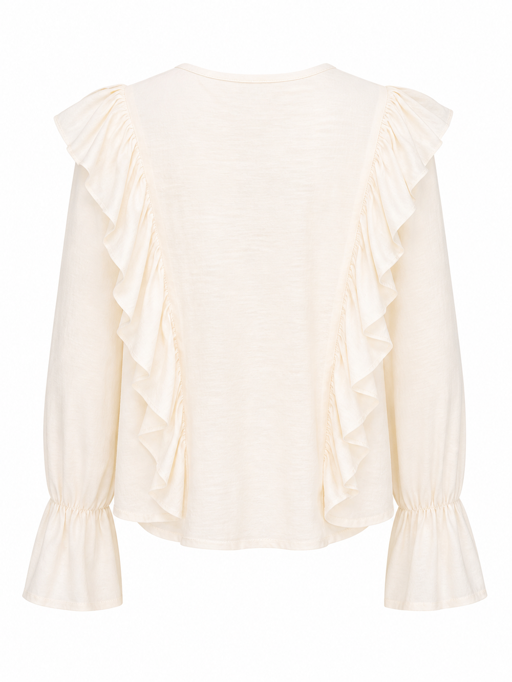 Bluse Pho Firenze in beige. Diese Bluse ist ein richtiges Highlight. Die Rüschen auf der Vorderseite sind besonders feminin und romantisch. Die Bluse hat einen tiefen V-Ausschnitt, welcher mit einem Bändchen geschlossen werden kann. Die Ärmel haben einen Gummizug und der Saum fällt leicht trompetenförmig.