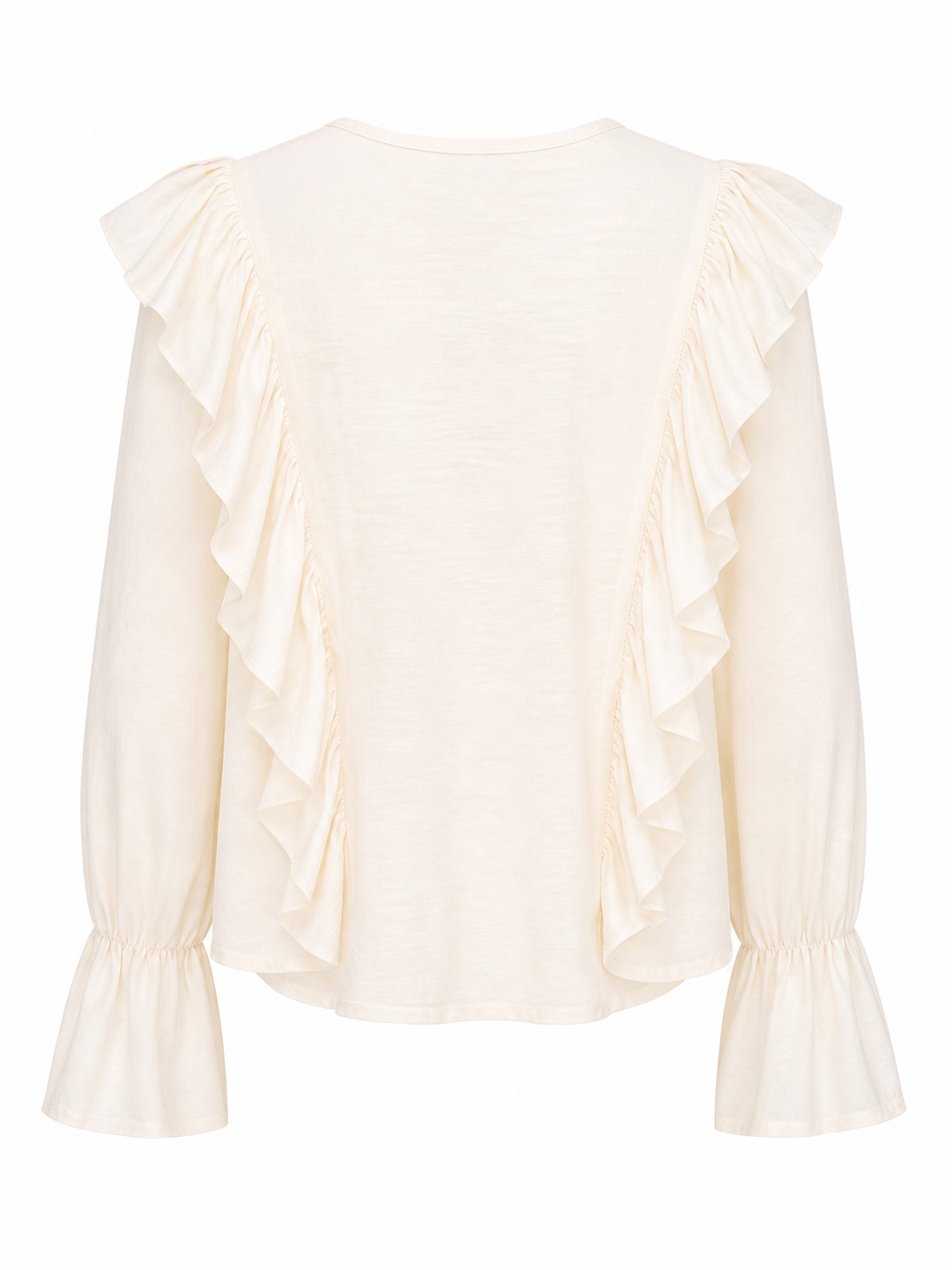 Bluse Pho Firenze in beige. Diese Bluse ist ein richtiges Highlight. Die Rüschen auf der Vorderseite sind besonders feminin und romantisch. Die Bluse hat einen tiefen V-Ausschnitt, welcher mit einem Bändchen geschlossen werden kann. Die Ärmel haben einen Gummizug und der Saum fällt leicht trompetenförmig.