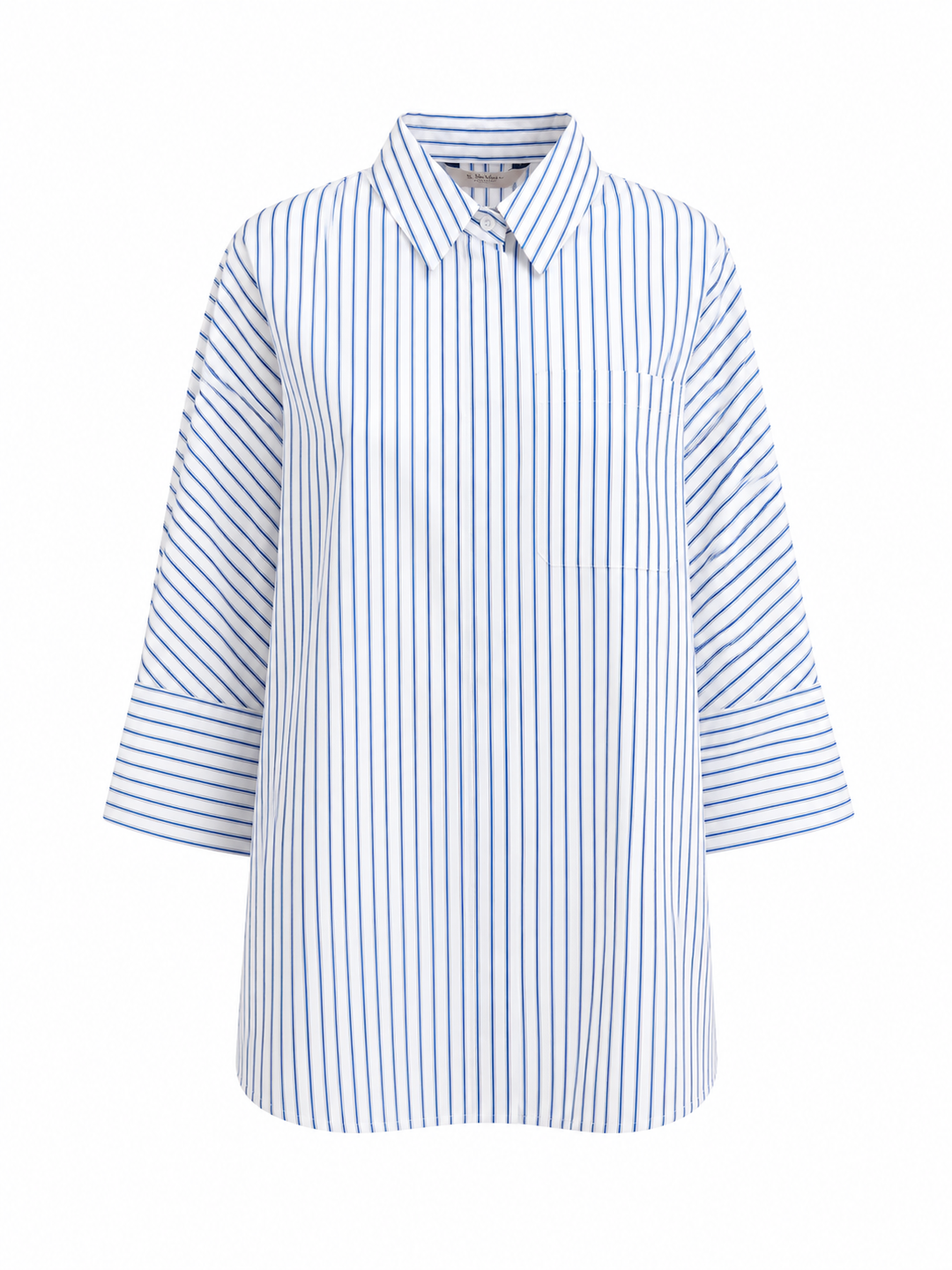 Eine blau-weiß-gestreifte Bluse von der Marke S Max Mara. Sie ist aus Baumwolle und Oversized geschnitten. Die Hemdbluse hat einen Hemdkragen und eine verdeckte Kopfleiste.