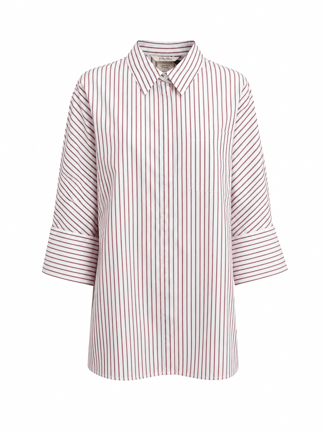 Eine rot-weiß-gestreifte Bluse von der Marke S Max Mara. Sie ist aus Baumwolle und Oversized geschnitten. Die Hemdbluse hat einen Hemdkragen und eine verdeckte Kopfleiste.