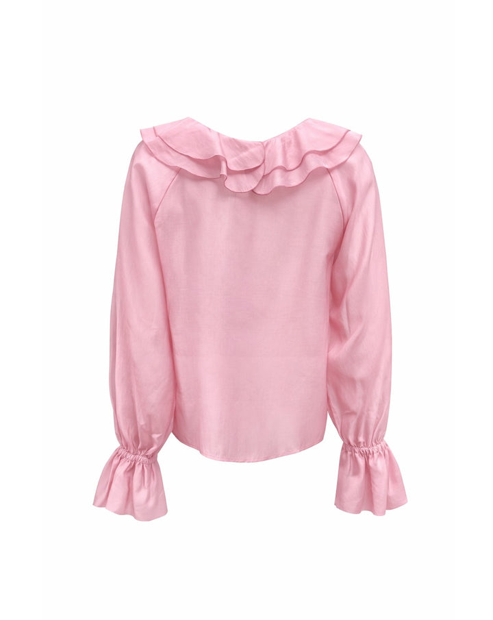 Bluse von So Sue Ruffle Long Sleeve mit V Ausschnitt und Langen Ärmeln. Volant am Ausschnitt in rosa blush. 