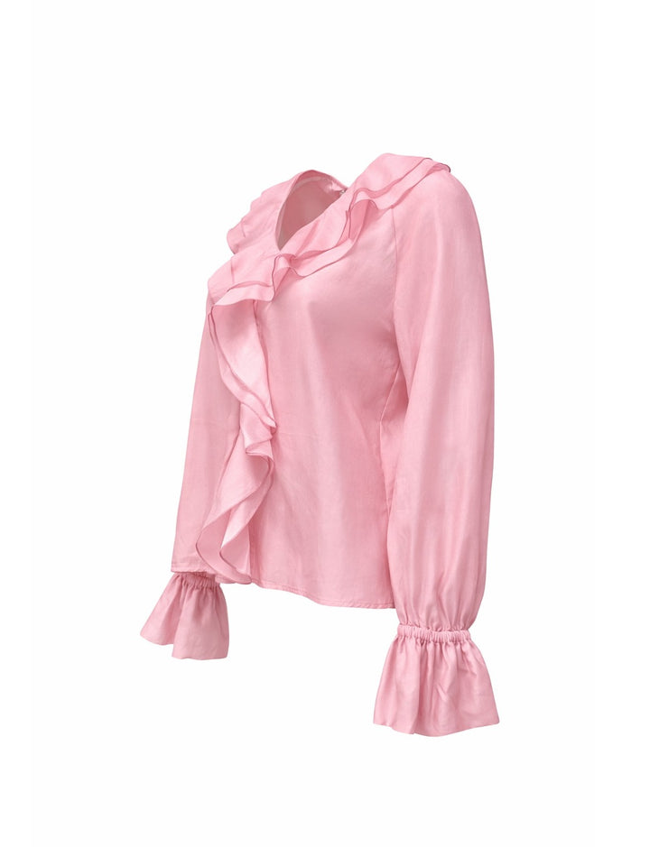 Bluse von So Sue Ruffle Long Sleeve mit V Ausschnitt und Langen Ärmeln. Volant am Ausschnitt in rosa blush. 