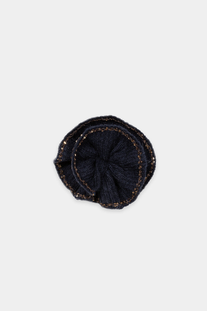 Brosche von Luisa Cerano. Strickbrosche in blau mit goldenen Pailletten. Als Rose geformt. 