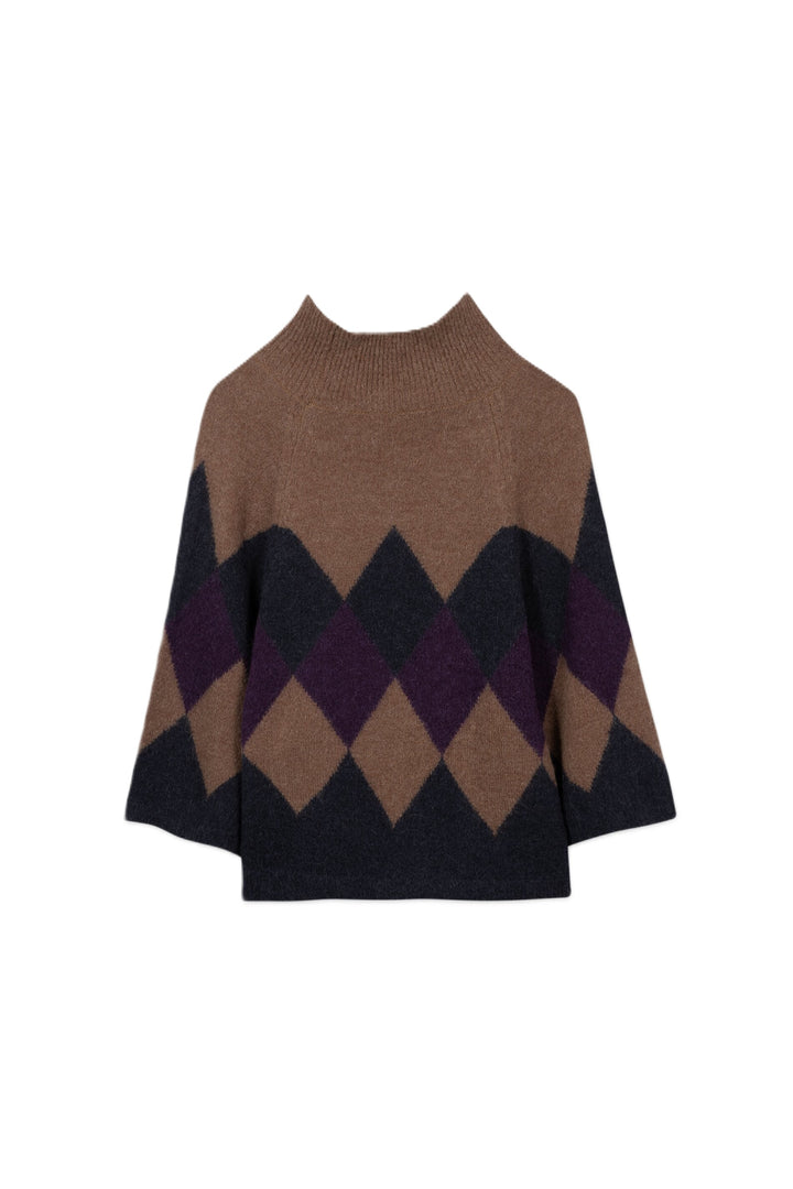 Cape-Pullover Luisa Cerano in Multi. Leichter Cape-Pullover aus hochwertigem italienischem Stretch-Garn mit klassischen Karo-Muster. Gerippte, angeschnittene Kragen und  weite ¾-Ärmel.