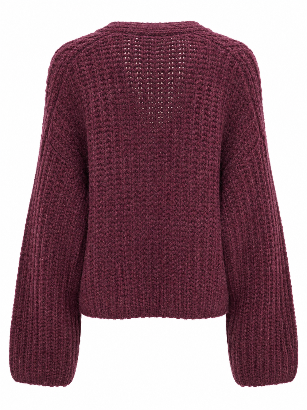 Weinroter Cardigan von Handmade im groben Strick mit V-Ausschnitt, weitem Fit, überschnittenen Schultern und einem Knopf am Ausschnitt.