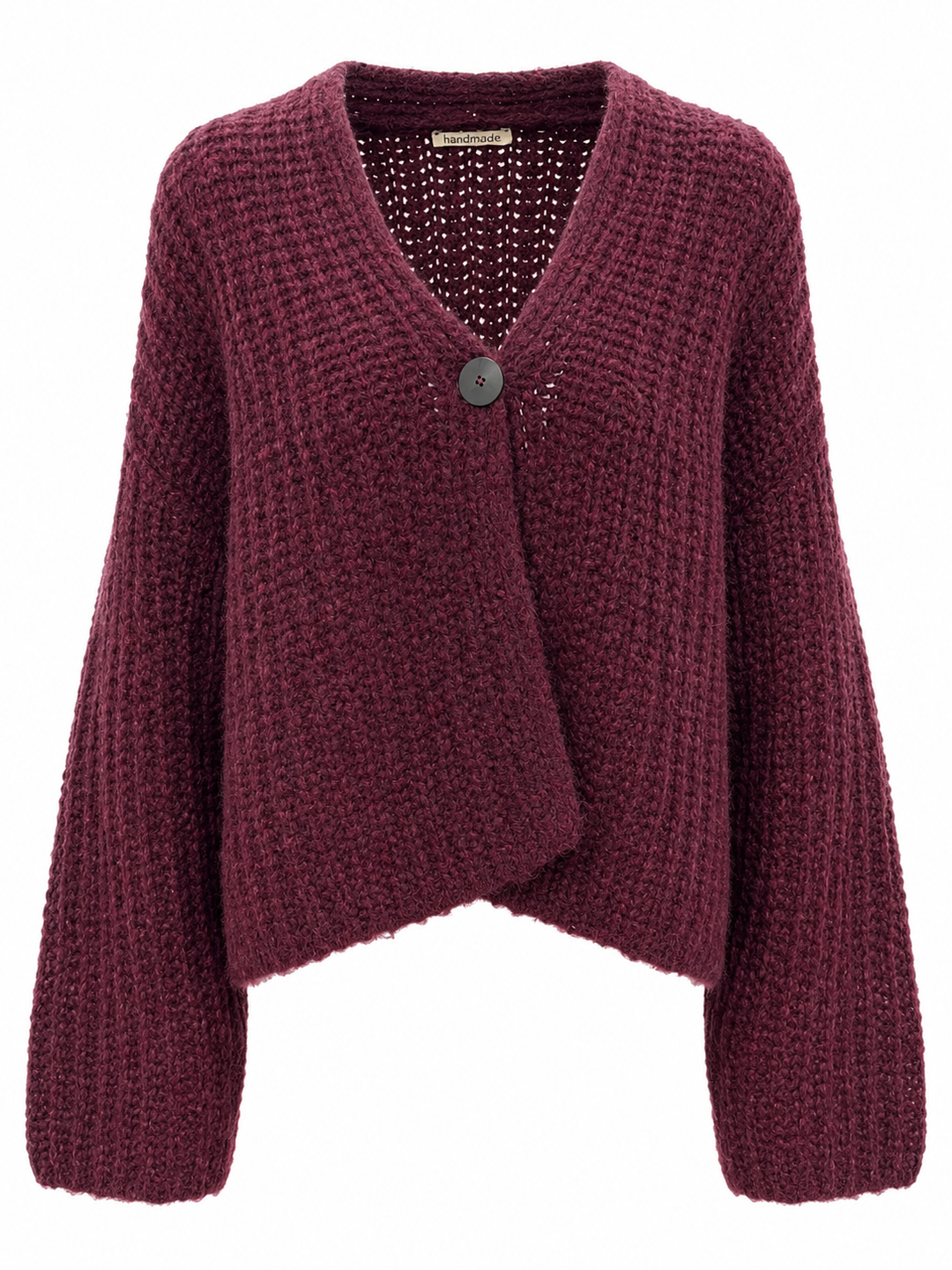 Weinroter Cardigan von Handmade im groben Strick mit V-Ausschnitt, weitem Fit, überschnittenen Schultern und einem Knopf am Ausschnitt.