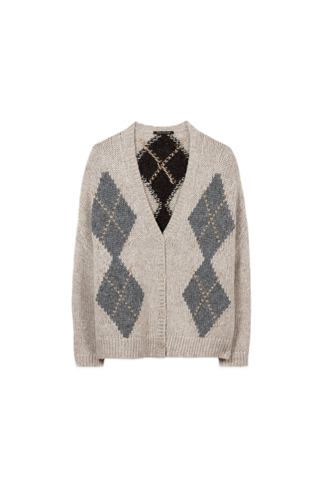 Beige gemusterter Cardigan von Luisa Cerano aus Alpaka-Woll-Mix mit Makro-Argyle-Muster, weitem V-Ausschnitt und langen Ärmeln.