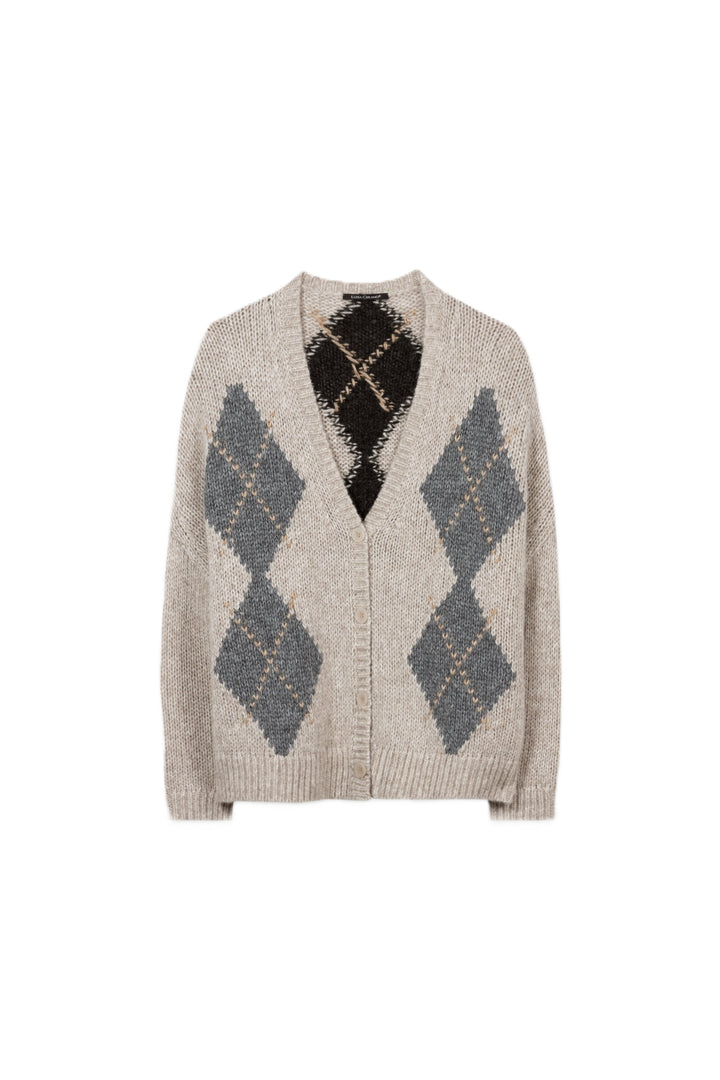 Beige gemusterter Cardigan von Luisa Cerano aus Alpaka-Woll-Mix mit Makro-Argyle-Muster, weitem V-Ausschnitt und langen Ärmeln.
