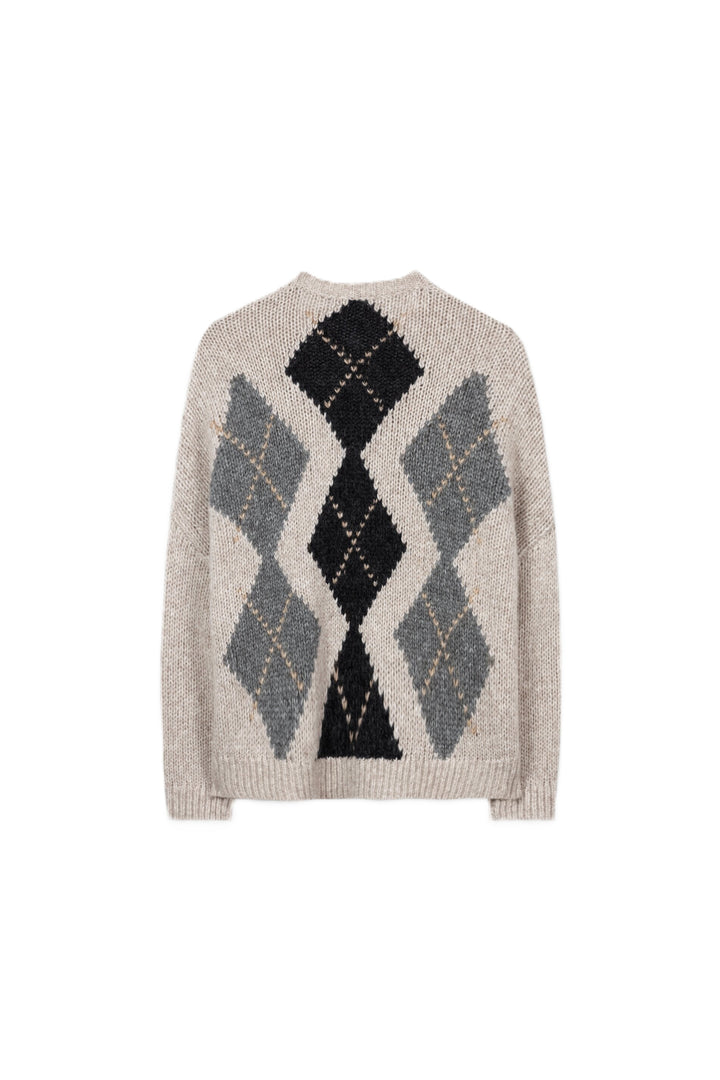 Beige gemusterter Cardigan von Luisa Cerano aus Alpaka-Woll-Mix mit Makro-Argyle-Muster, weitem V-Ausschnitt und langen Ärmeln.