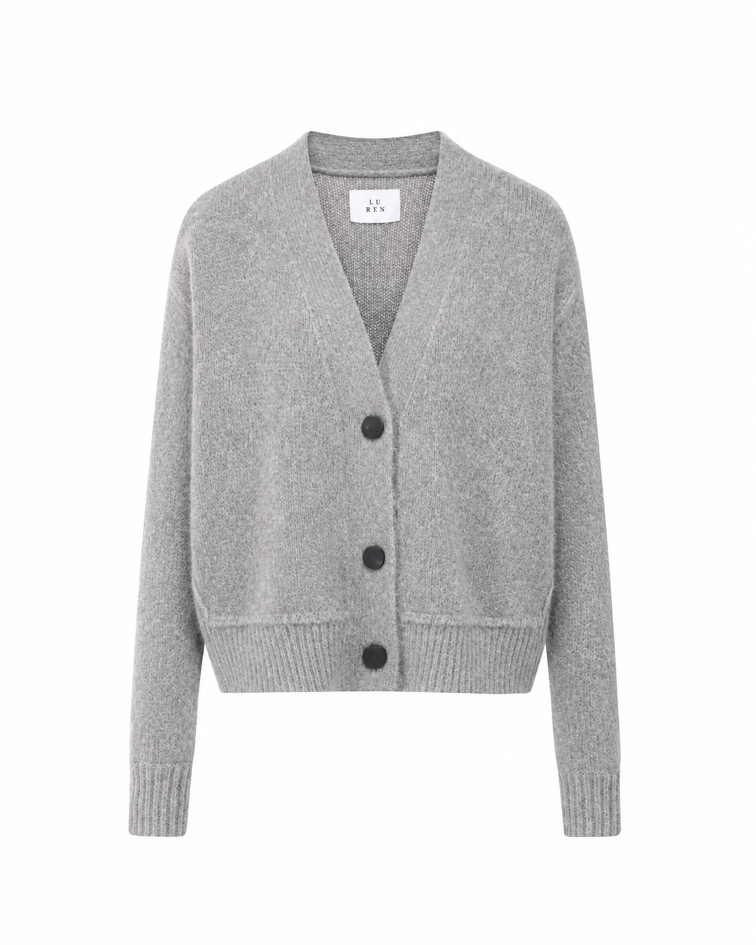 Cardigan RIELY von Luren mit V-Ausschnitt, Hornknöpfen und kurzer kastiger Passform in Grau.