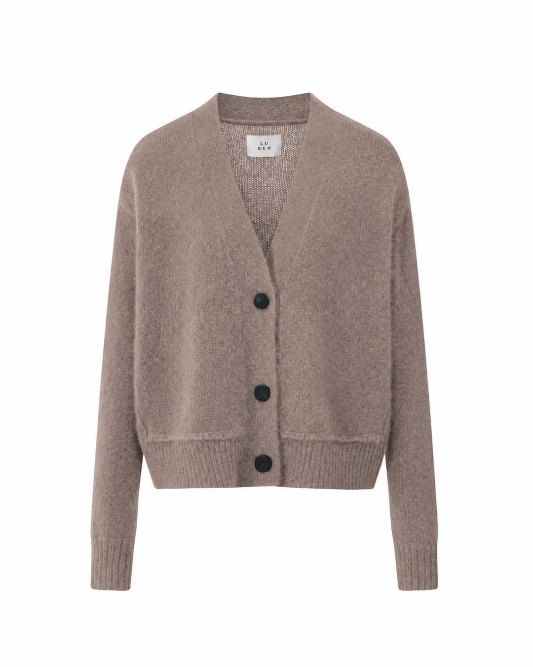 Cardigan RIELY von Luren mit V-Ausschnitt, Hornknöpfen und kurzer kastiger Passform in Beige.