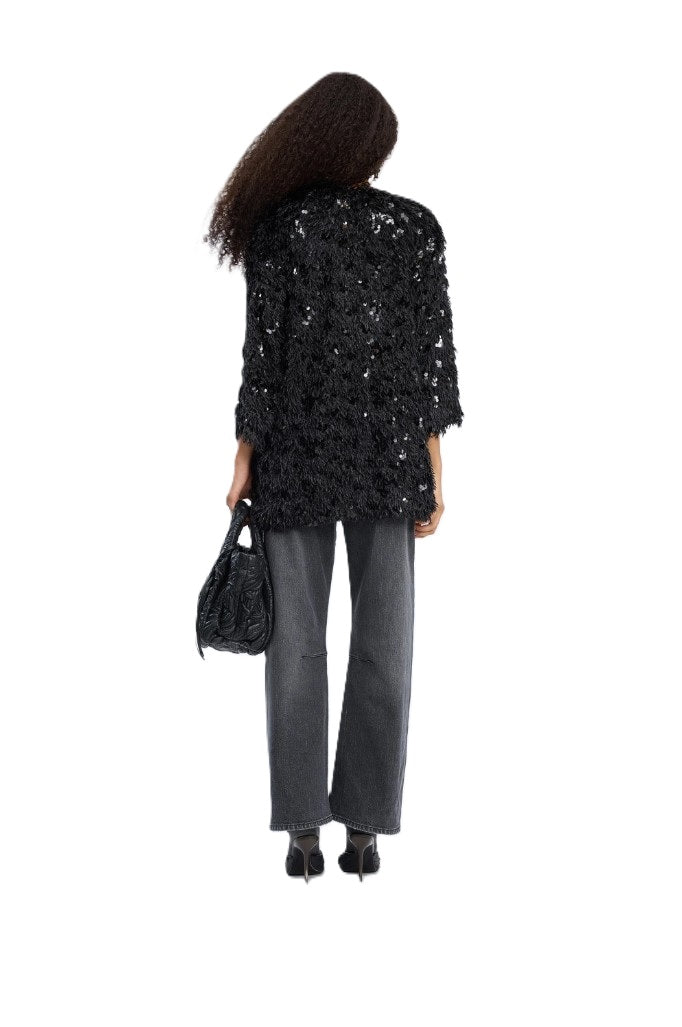 Schwarzer Cardigan VINC von Munthe mit Fransenstruktur, Paillettendetails und lockerer, längerer Passform.