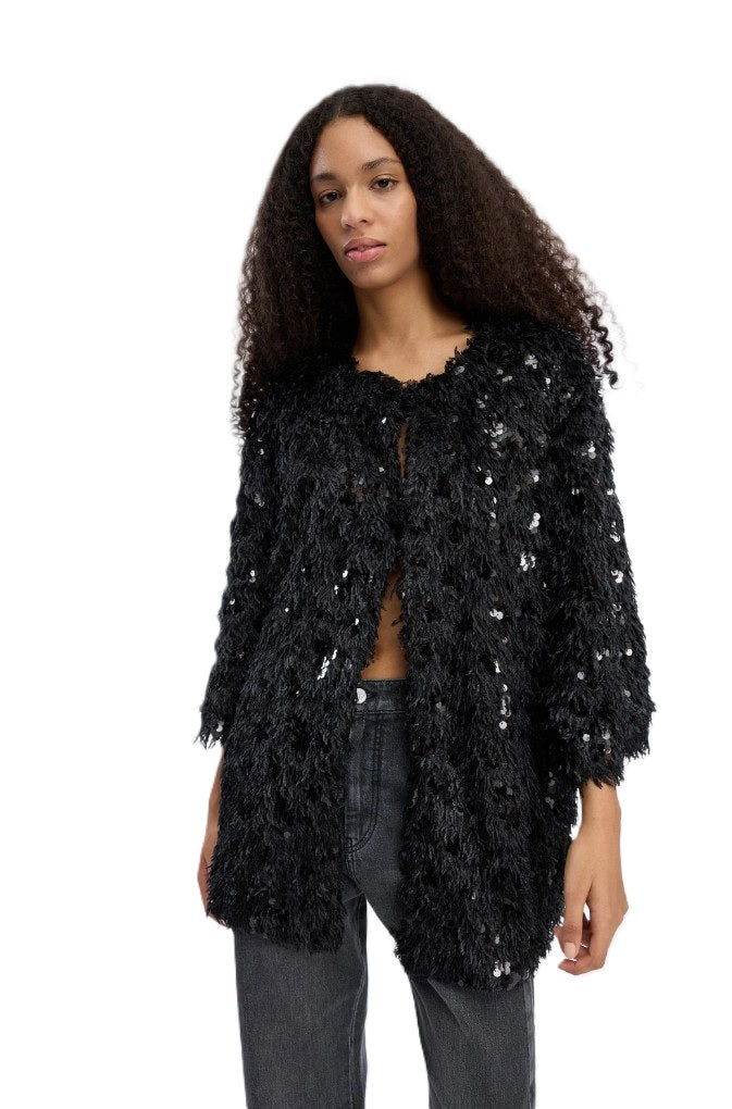 Schwarzer Cardigan VINC von Munthe mit Fransenstruktur, Paillettendetails und lockerer, längerer Passform.