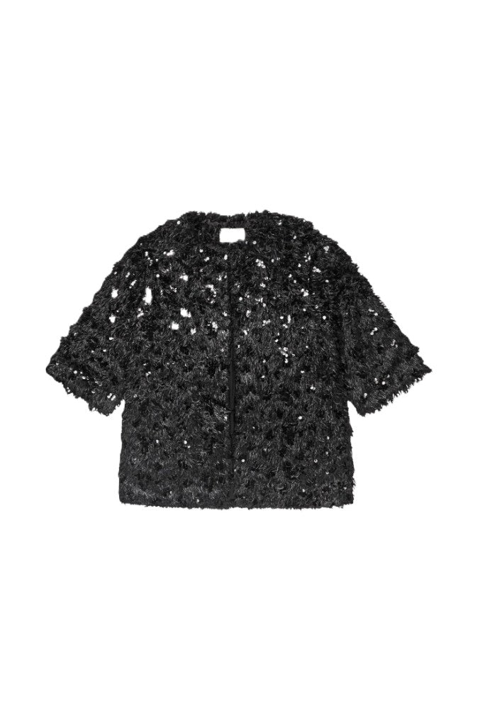 Schwarzer Cardigan VINC von Munthe mit Fransenstruktur, Paillettendetails und lockerer, längerer Passform.