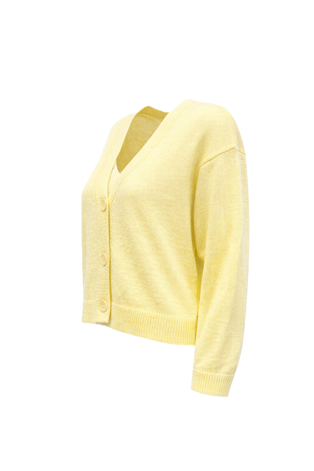 Strickjacke oder Cardigan mit V-Ausschnitt und drei Knöpfen, handgestrickt mit langen Ärmeln. In zartem Gelb, perfekt für sommerliche Outfits.