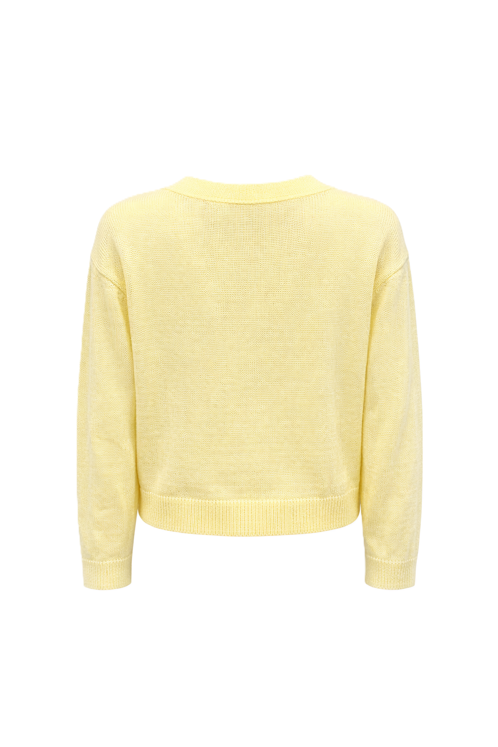 Strickjacke oder Cardigan mit V-Ausschnitt und drei Knöpfen, handgestrickt mit langen Ärmeln. In zartem Gelb, perfekt für sommerliche Outfits.