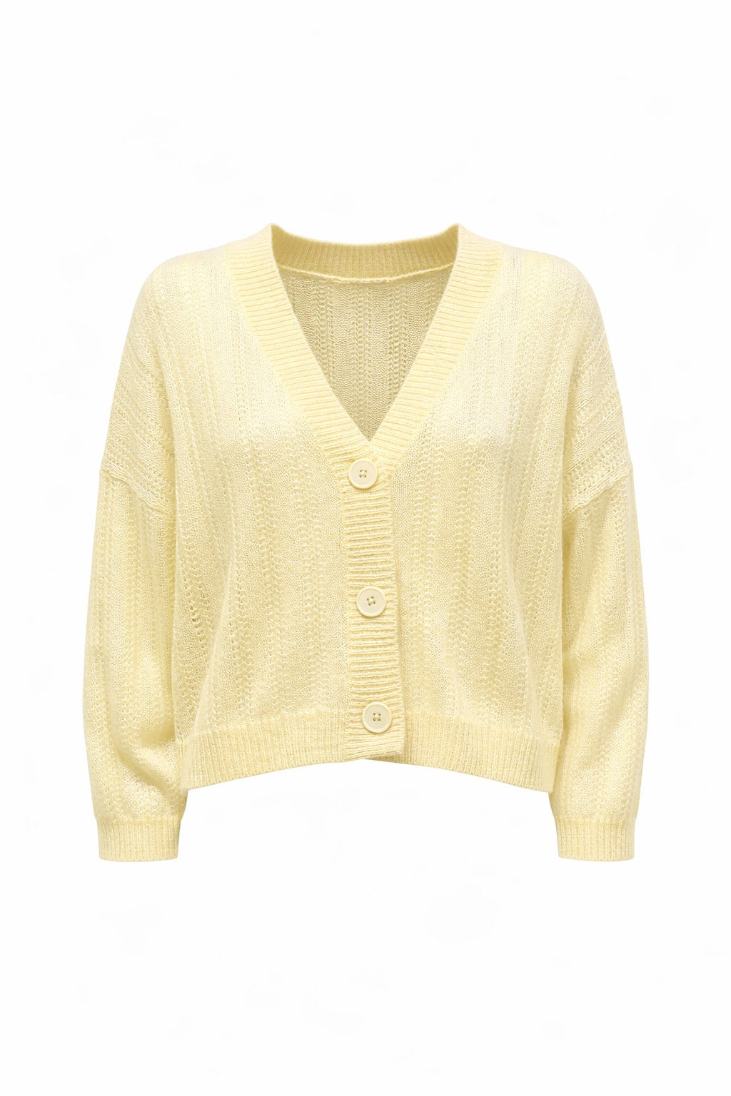 Strickjacke von Handmade mit V-Ausschnitt und drei Knöpfen. Langärmliger Cardigan aus Kaschmir und Seide in gelb.