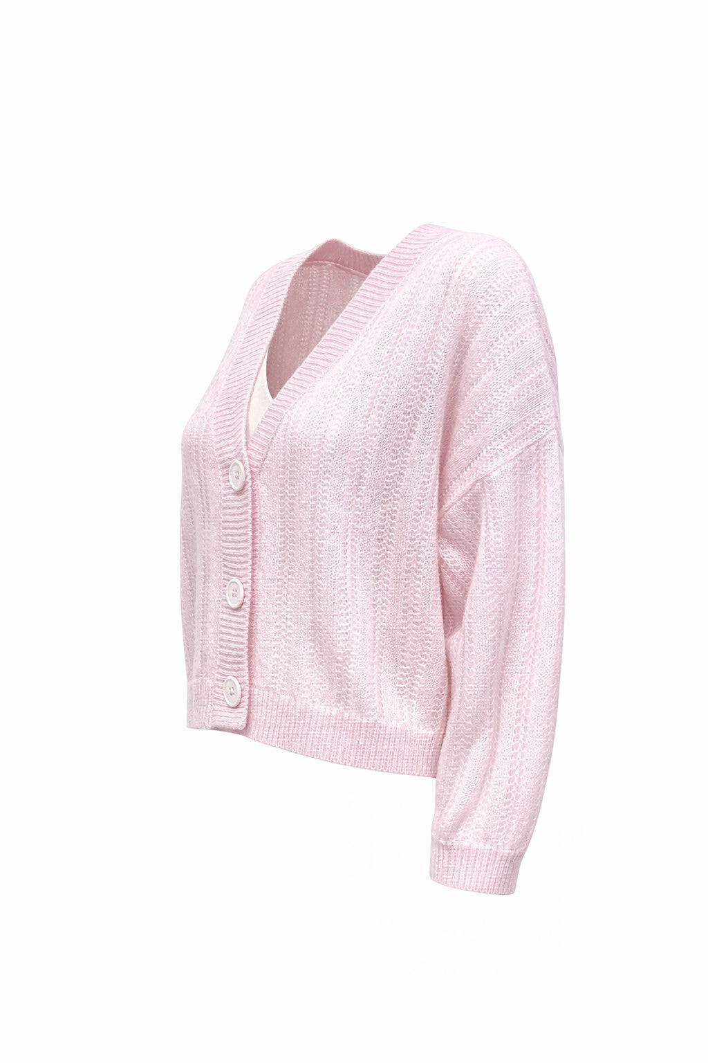 Strickjacke von Handmade mit V-Ausschnitt und drei Knöpfen. Langärmliger Cardigan aus Kaschmir und Seide in rosa.