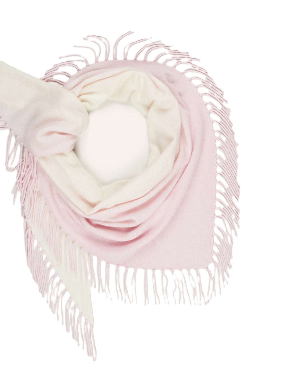 Dreieckstuch von Herzens. Schal mit Fransen im Farbverlauf. Wolle und Kaschmir gemischt. Gibt es mit rosa und mit blau. 