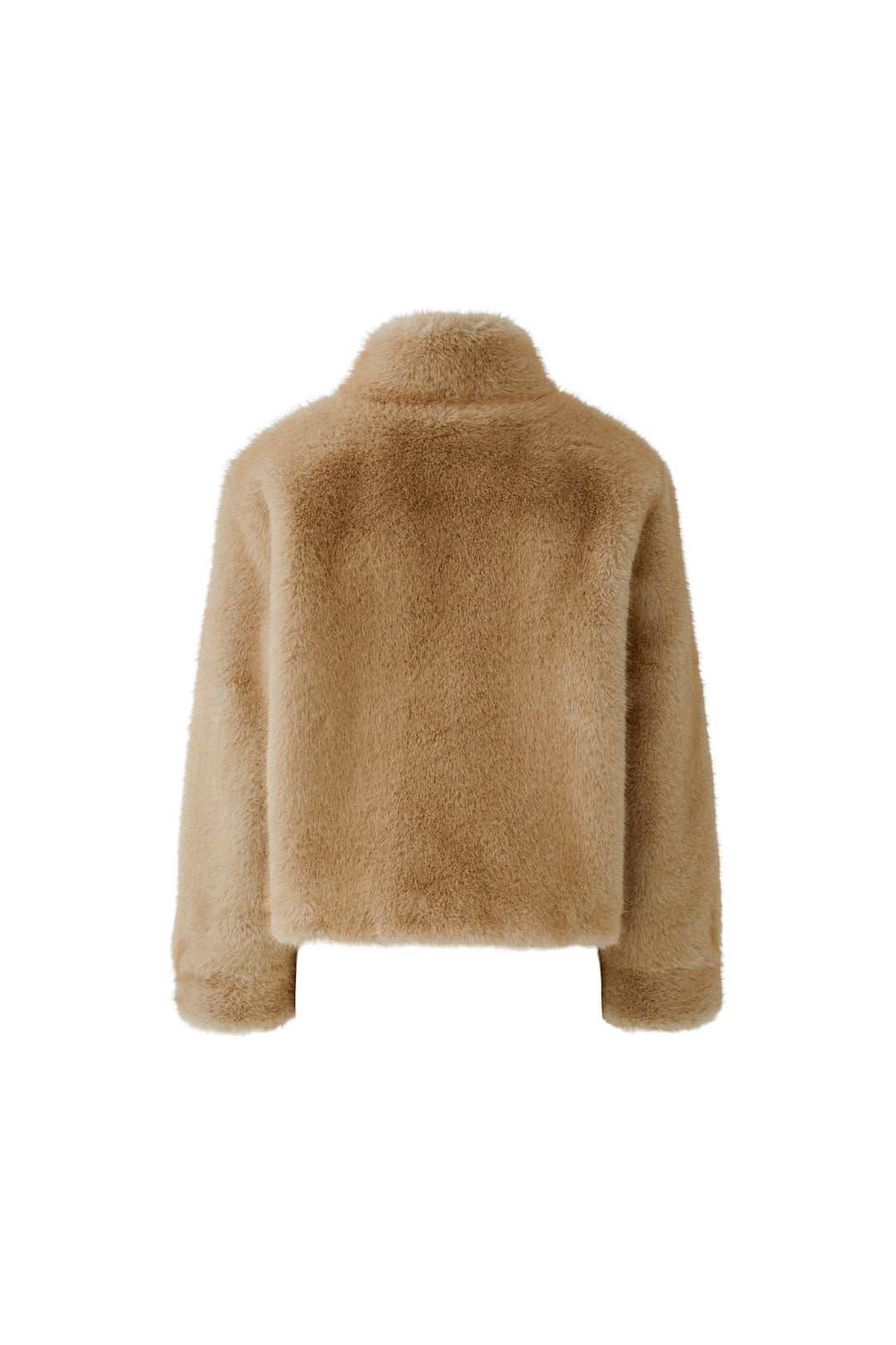 Beige-braune Fake Pelzjacke von Oui aus softem Kunstfell mit Stehkragen und verkürztem Schnitt.