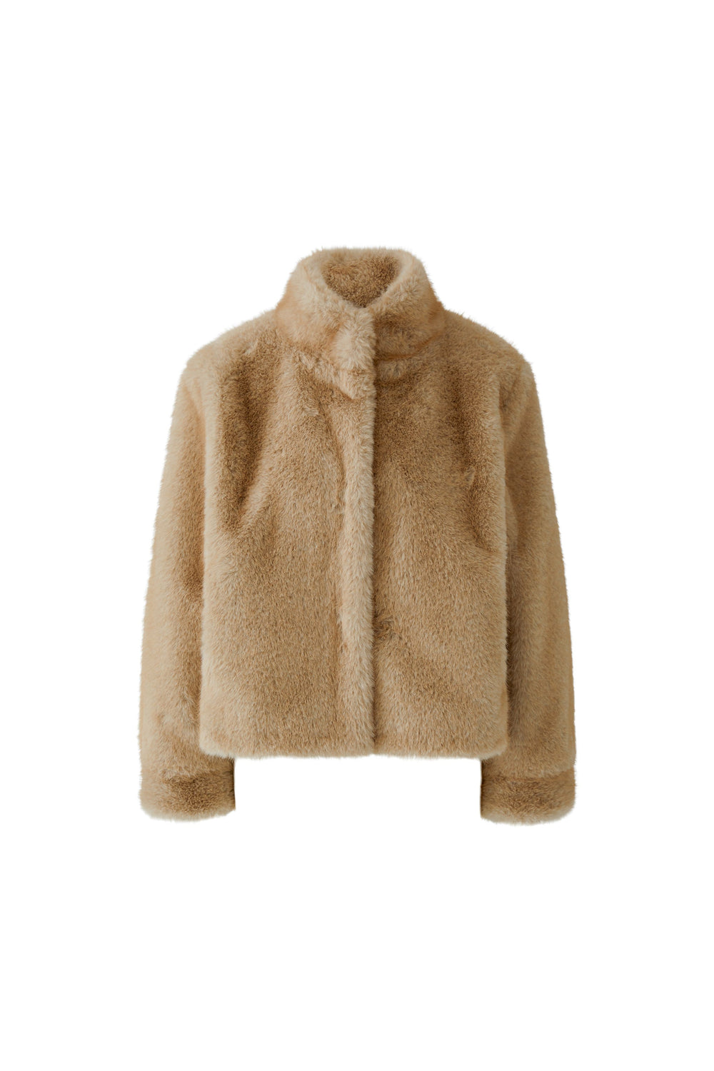 Beige-braune Fake Pelzjacke von Oui aus softem Kunstfell mit Stehkragen und verkürztem Schnitt.