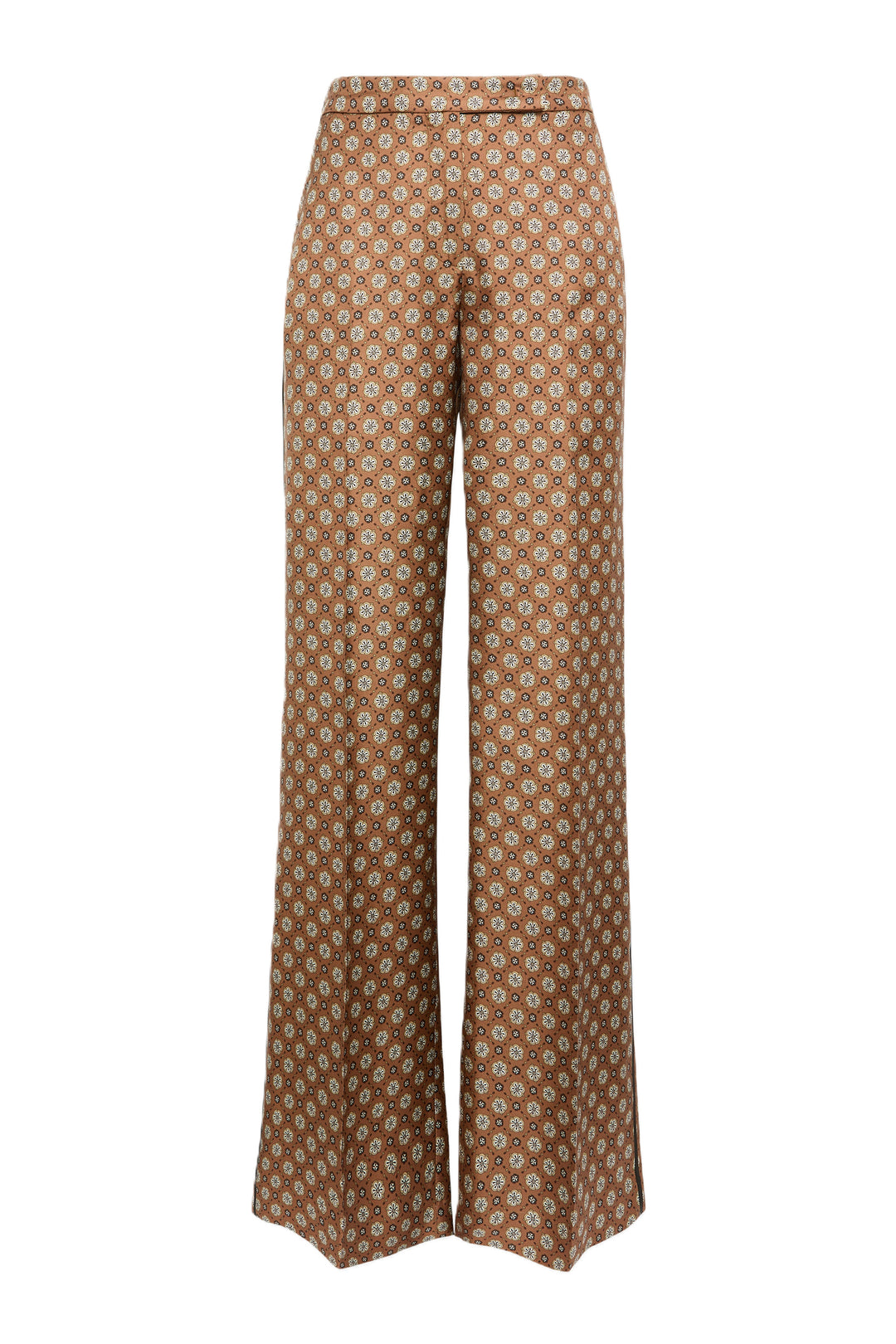 Hose von Dorothee Schumacher GRAPHIC DREAMS pants. Die Hose hat ein Krawattenmuster und Paspeln seitlich. Sie ist lang und mit Brauntönen. 