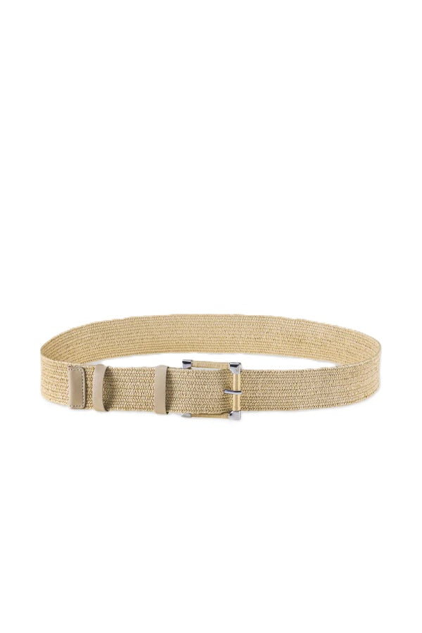 Bast gürtel von Luisa Cerano mit eckiger Schließe und Abschlüssen in Fakeleder. Der Gürtel ist beige. 