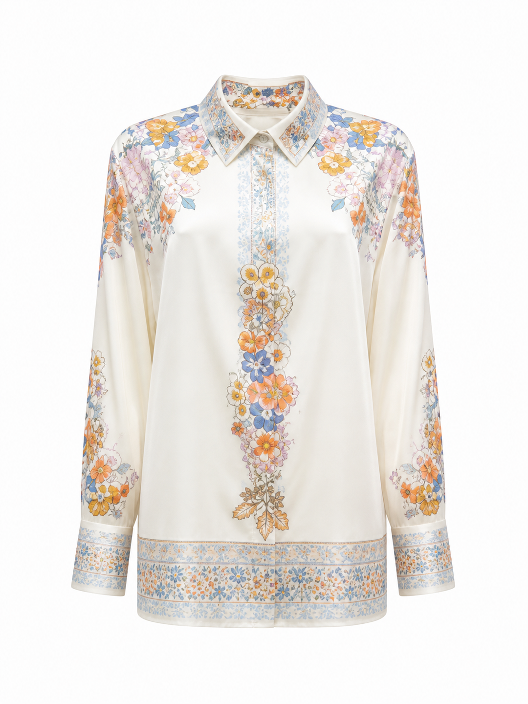 Hemdbluse Herzens in weiß. Wunderschöne Bluse mit traumhaft schönem Blumenprint. Die Bluse hat einen Kragen und eine verdeckte Knopfleiste. Die Bluse hat eine etwas längere gerade Form. Die Ärmel haben eine große Manschette mit Knopf. 