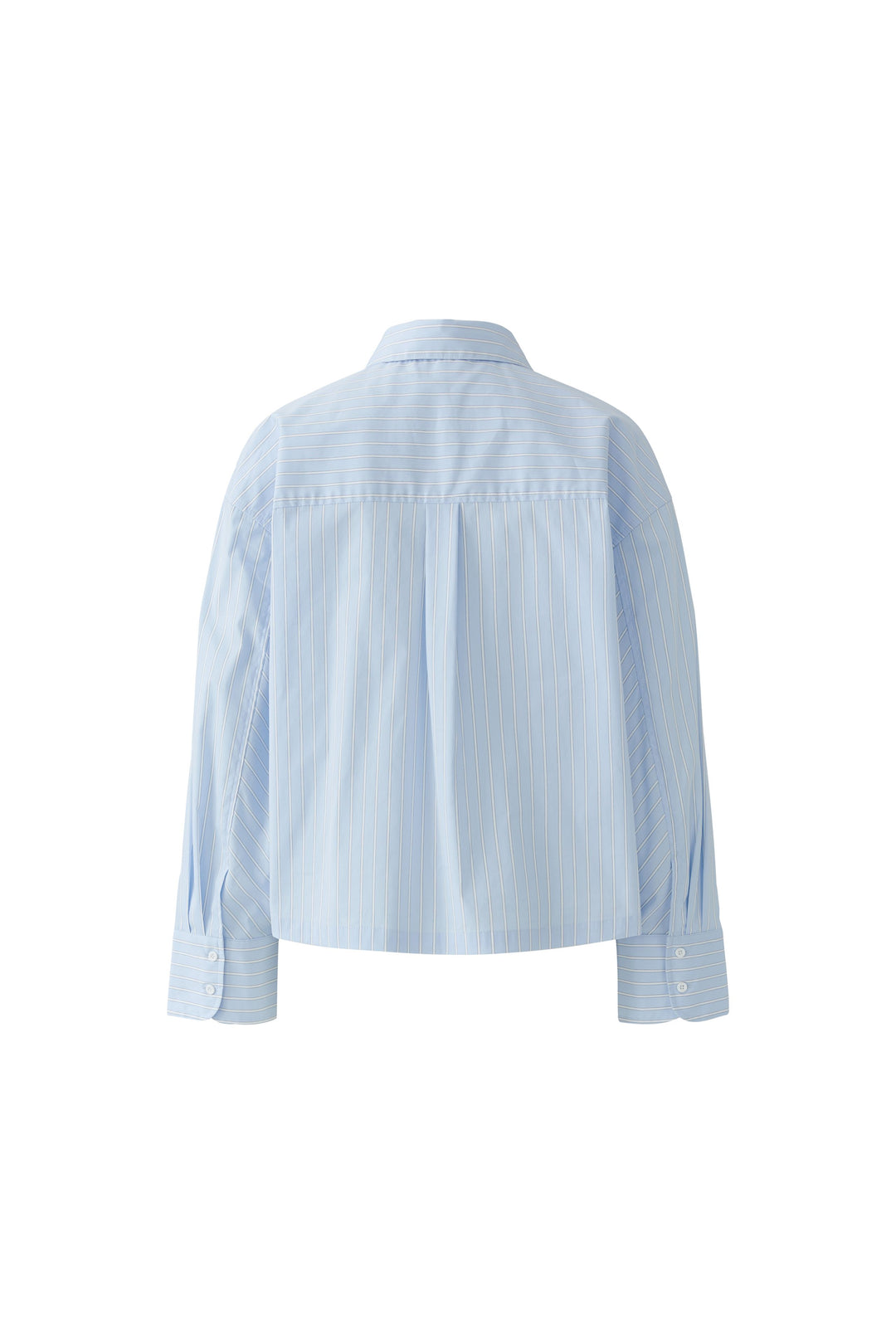 Hellblaue Hemdbluse von Oui mit Hemdkragen und breiten Manschetten. Gestreifte Bluse mit langen Ärmeln.