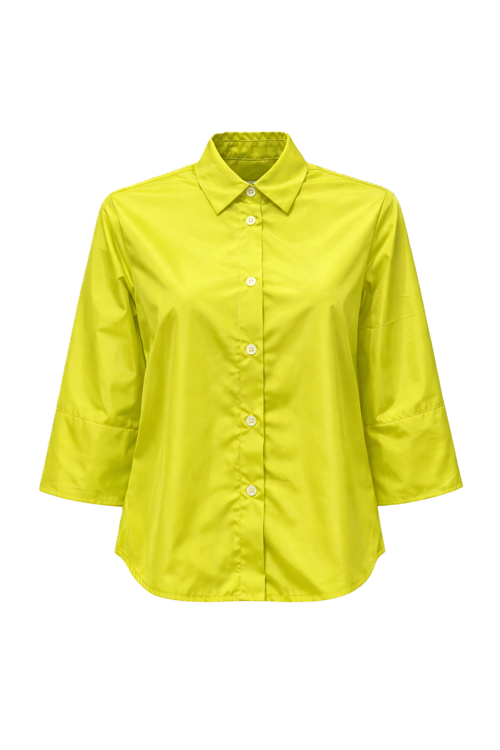 Taftbluse The White Shirt. Coole Bluse in verkürzter kastiger Form. Die Bluse hat einen Kragen und eine Knopfleiste. Sie hat einen halben Ärmel und eine Kellerfalte am Rücken in gelb.