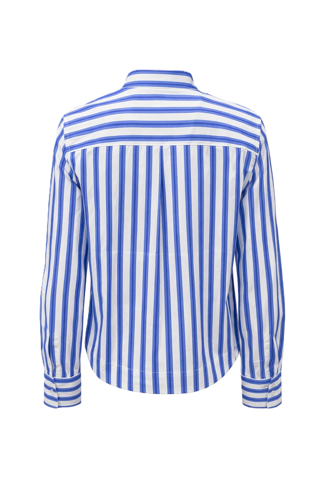 Hemdbluse The White Shirt in blau und weiß. Dieses klassische Langarm-Hemd hat einen Hemdkragen und eine aufgesetzte Brusttasche. Die Rückenfalte verleiht dem Modell eine lässige Note, während die durchgehende Knopfleiste und die Einknopf-Manschetten das Design stilvoll abrunden.