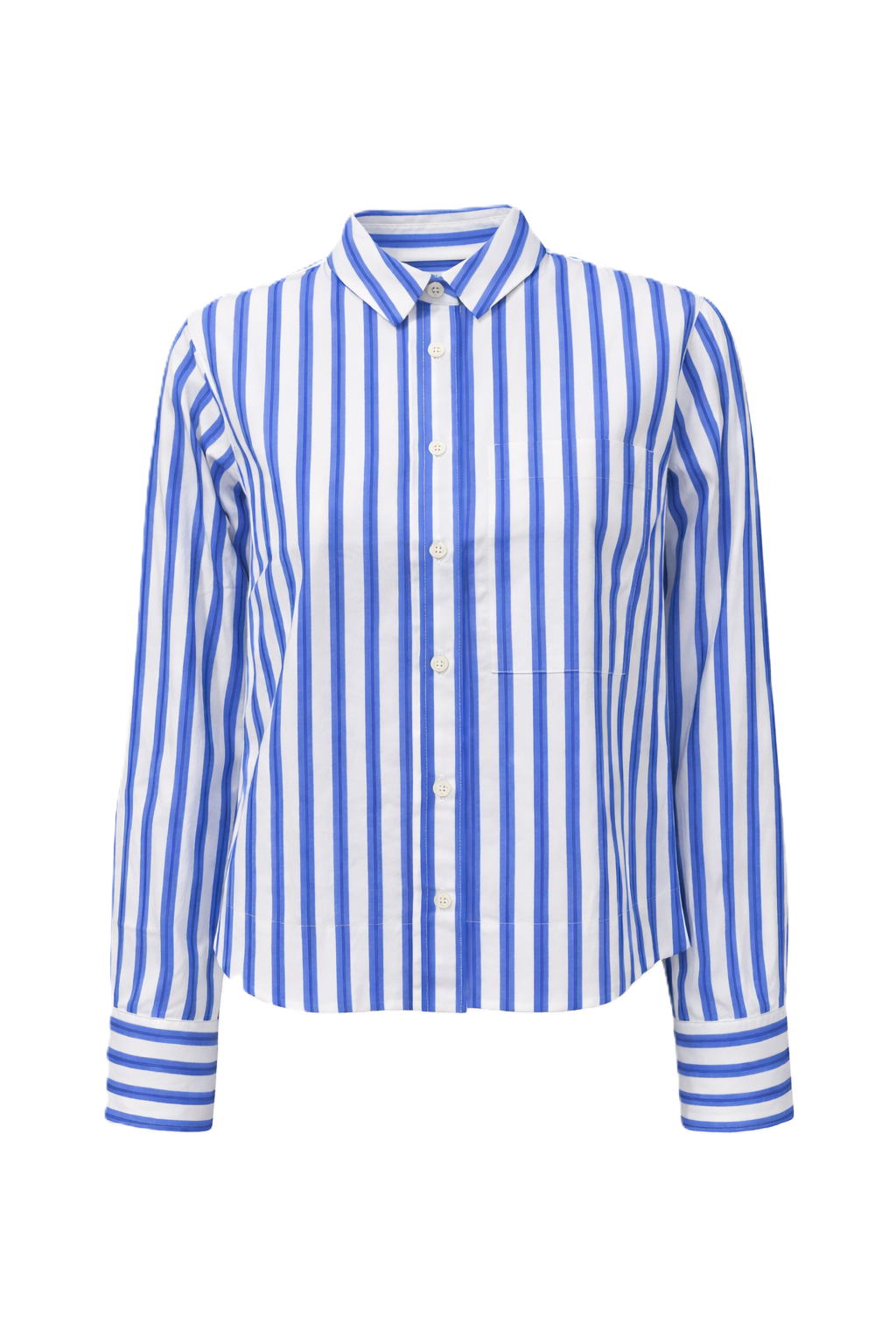Hemdbluse The White Shirt in blau und weiß. Dieses klassische Langarm-Hemd hat einen Hemdkragen und eine aufgesetzte Brusttasche. Die Rückenfalte verleiht dem Modell eine lässige Note, während die durchgehende Knopfleiste und die Einknopf-Manschetten das Design stilvoll abrunden.