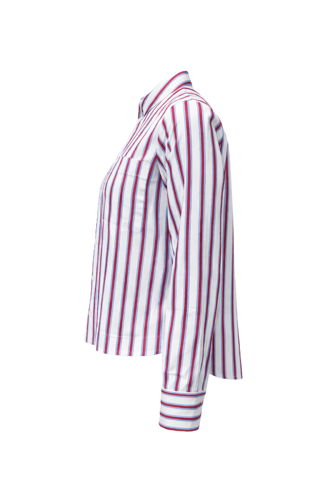 Hemdbluse The White Shirt in rot und weiß. Dieses klassische Langarm-Hemd hat einen Hemdkragen und eine aufgesetzte Brusttasche. Die Rückenfalte verleiht dem Modell eine lässige Note, während die durchgehende Knopfleiste und die Einknopf-Manschetten das Design stilvoll abrunden.