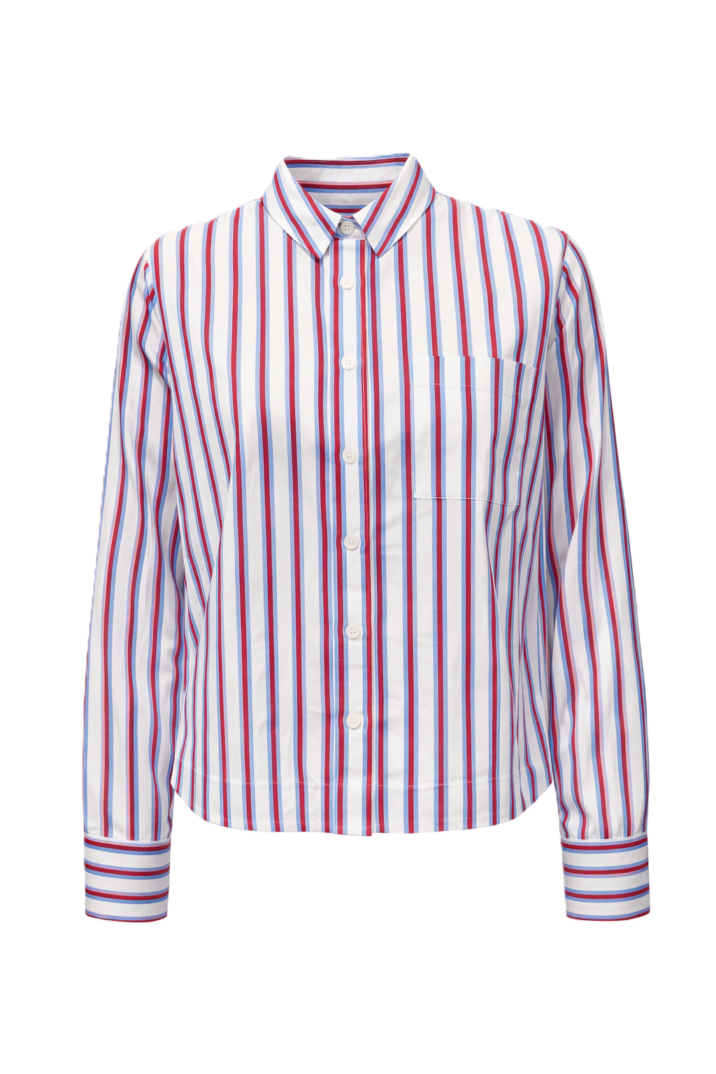 Hemdbluse The White Shirt in rot und weiß. Dieses klassische Langarm-Hemd hat einen Hemdkragen und eine aufgesetzte Brusttasche. Die Rückenfalte verleiht dem Modell eine lässige Note, während die durchgehende Knopfleiste und die Einknopf-Manschetten das Design stilvoll abrunden.